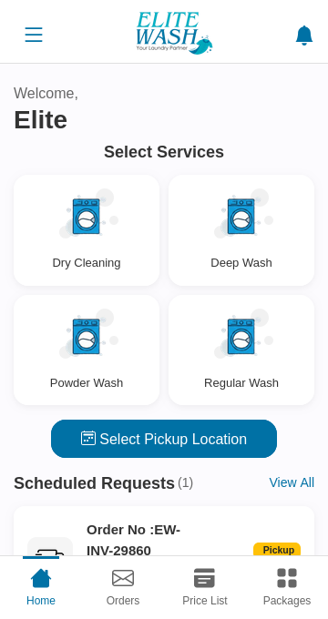 ELITE WASH app dashboard showing laundry service selection